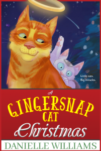 A GINGERSNAP CAT CHRISTMAS Book Cover: A ginger cat with a halo smiles at a terrified black and grey kitten hiding behind him.