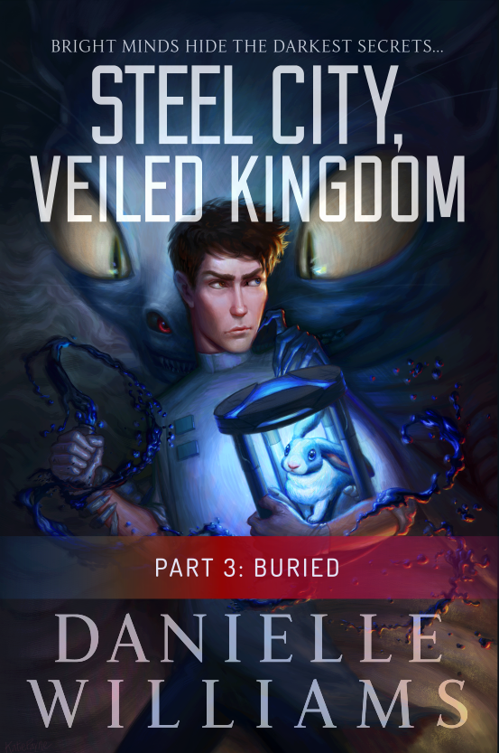 Cover for STEEL CITY, VEILED KINGDOM, PART 3 - A man in a labcoat holding a rabbit on a strange device, with a monster in the background. A red banner and some text near the bottom indicates that this is the third part.