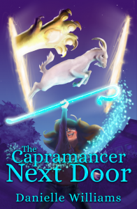Cover for THE CAPRAMANCER NEXT DOOR: A laughing woman wields a glowing shepherd's crook while a goat leaps through a portal overhead