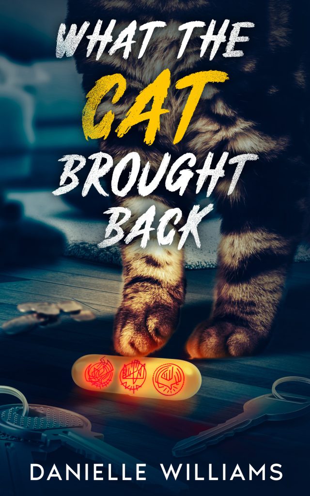 A cat’s paws beside a glowing capsule with strange red symbols, surrounded by everyday household objects. Horror book cover titled What the Cat Brought Back by Danielle Williams.